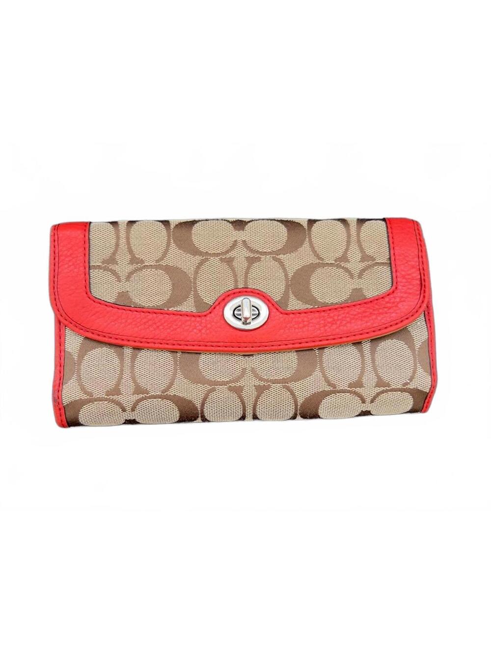 Coach Signature Canvas Wallet with Red/Orange Leather Trim